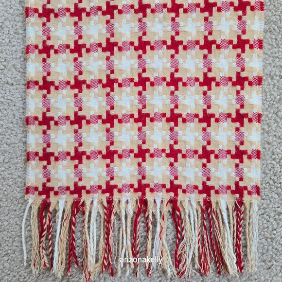Woven Cashmere Houndstooth Scarf Red Tan White Pink - Picture 4 of 16